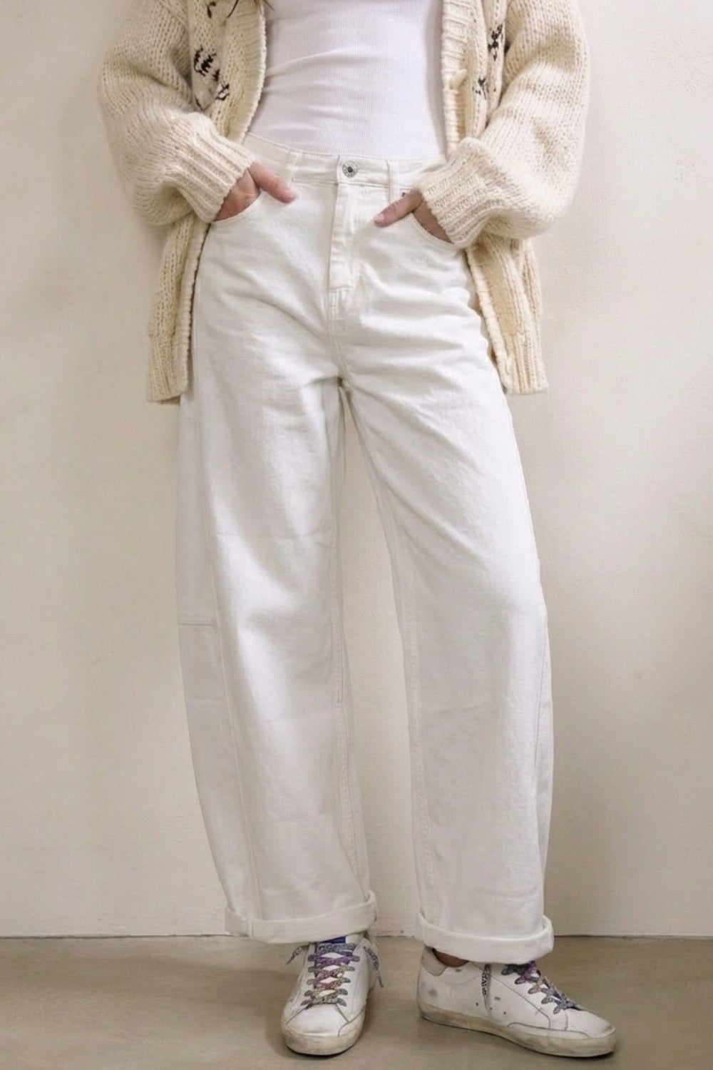 White Canvas Barrel Pant