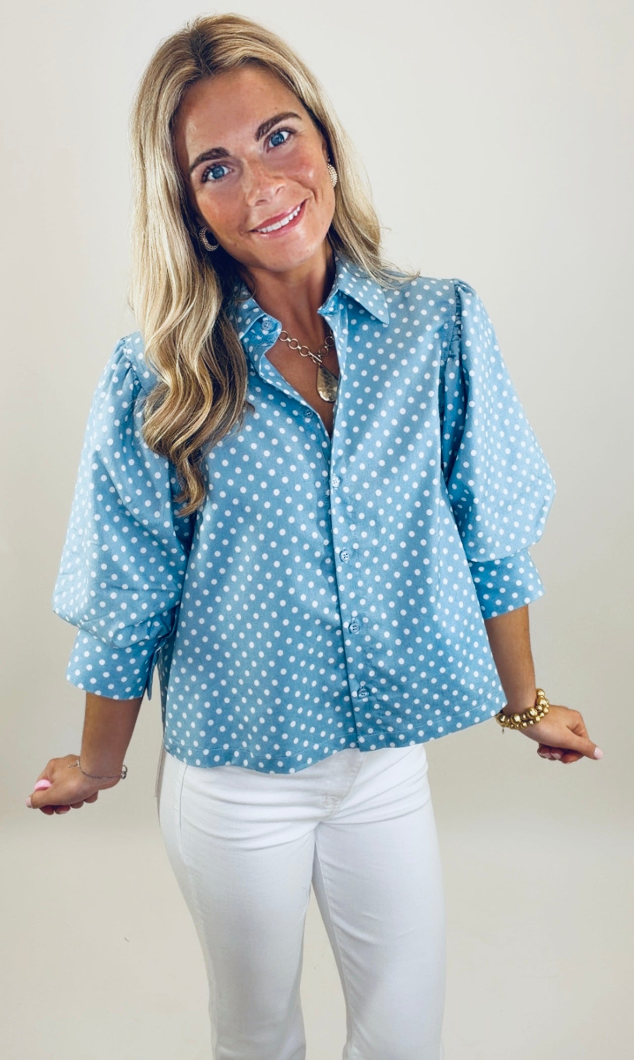 Chambray Charm Polka Dot Top