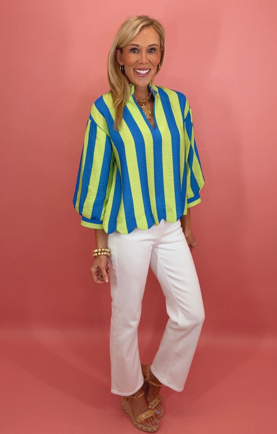 Statement Stripe Scallop Top (lime)