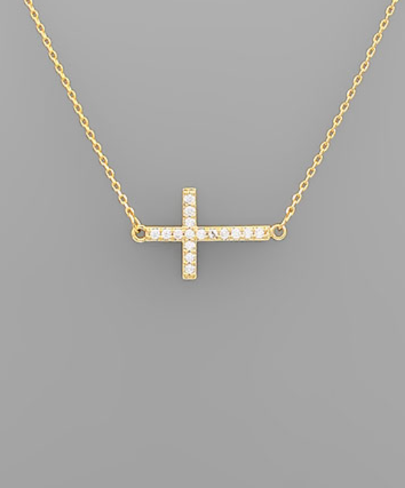 Sideways Crystal Cross Necklace