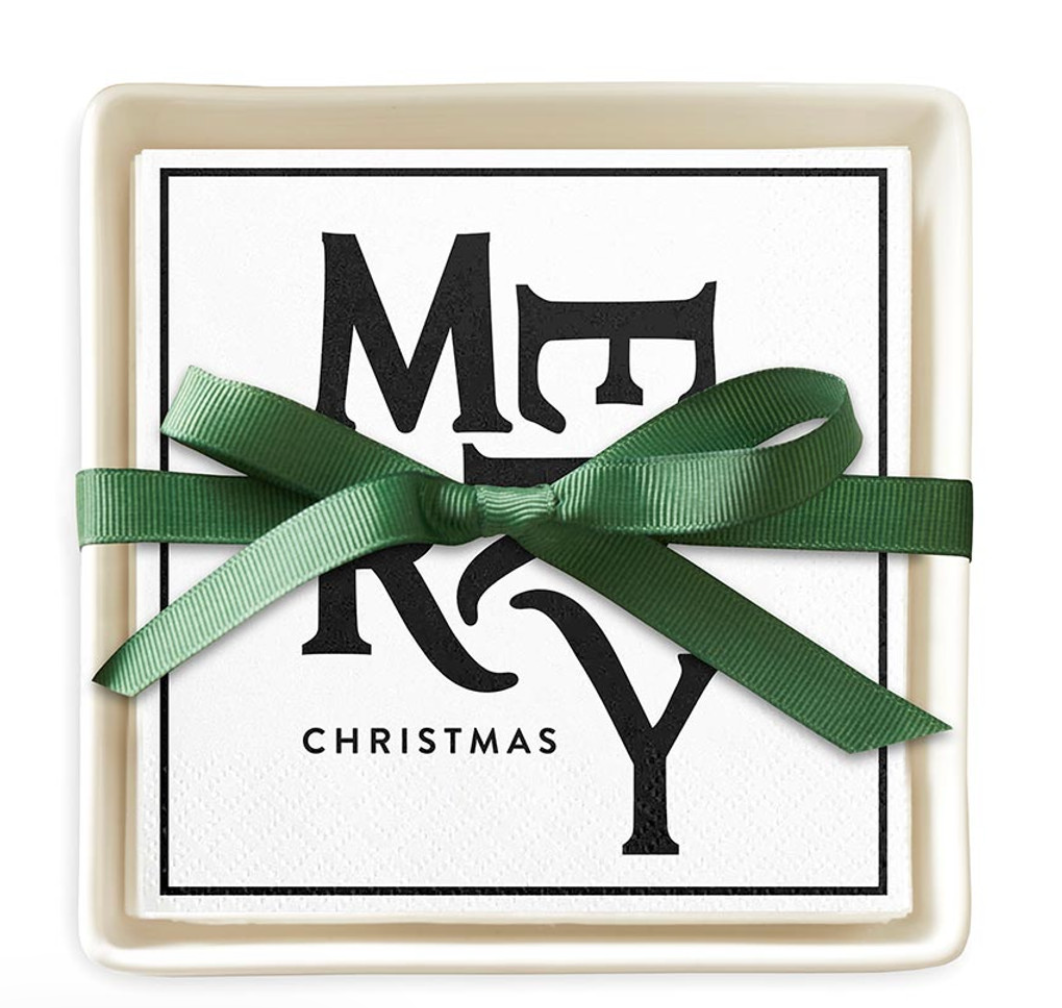 Merry & Bright Napkin Ceramic Tray Set (white)