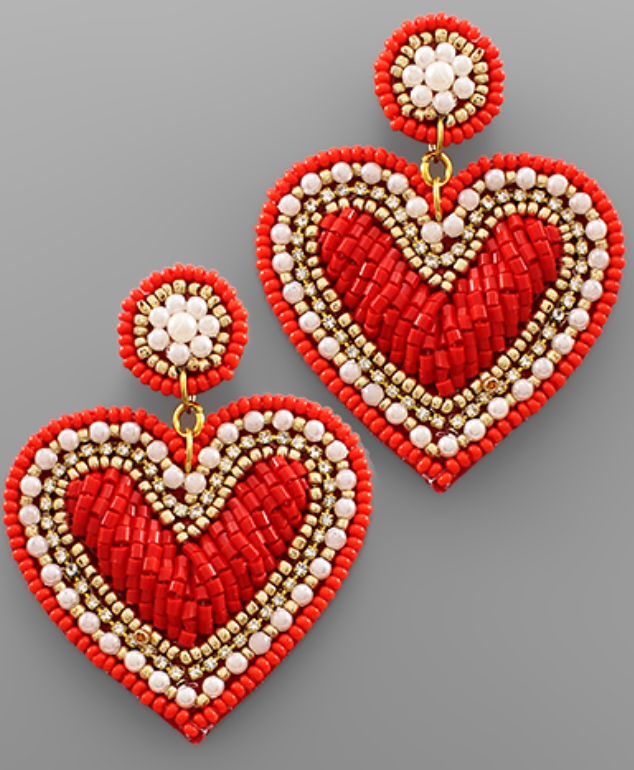 Bead Heart Earring (red)