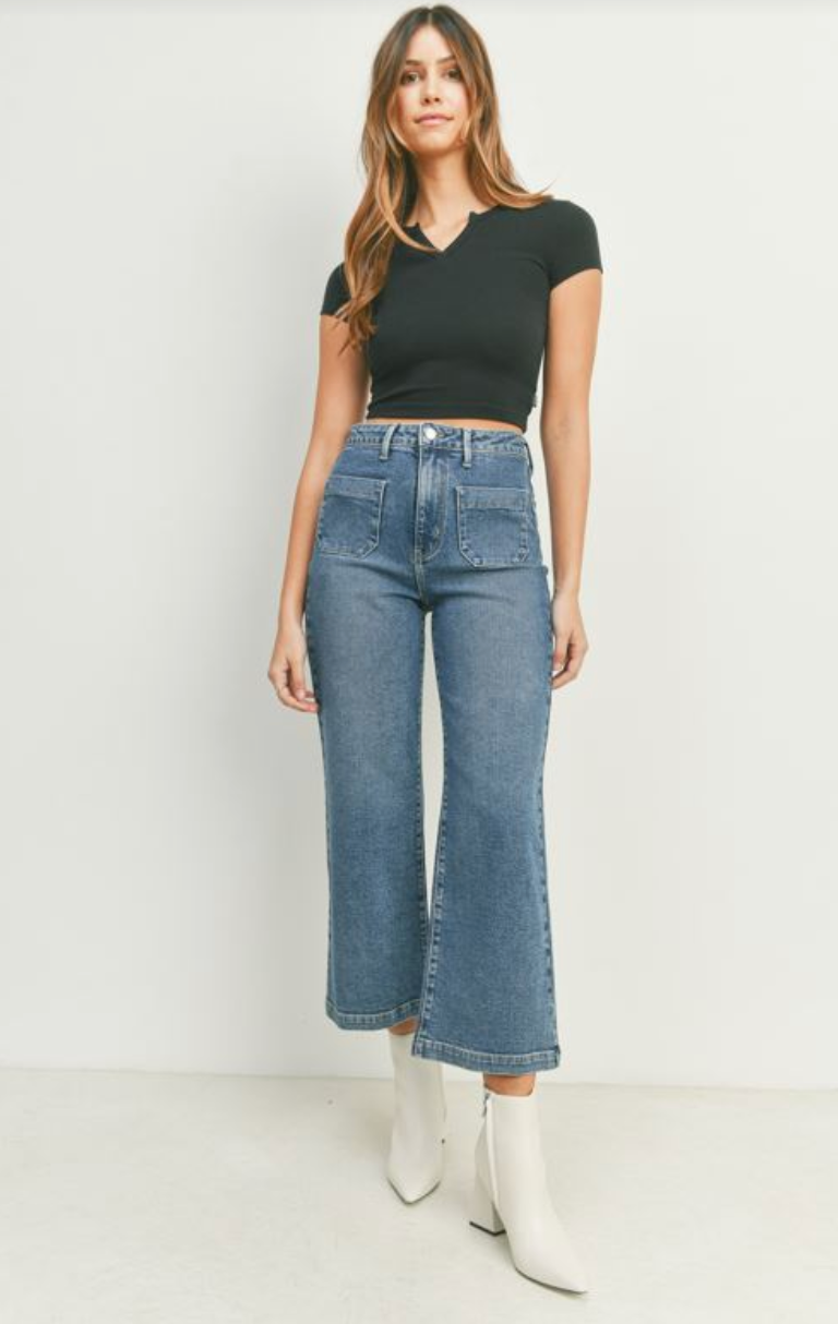 Patch Pocket Wide Leg Jean (med denim)