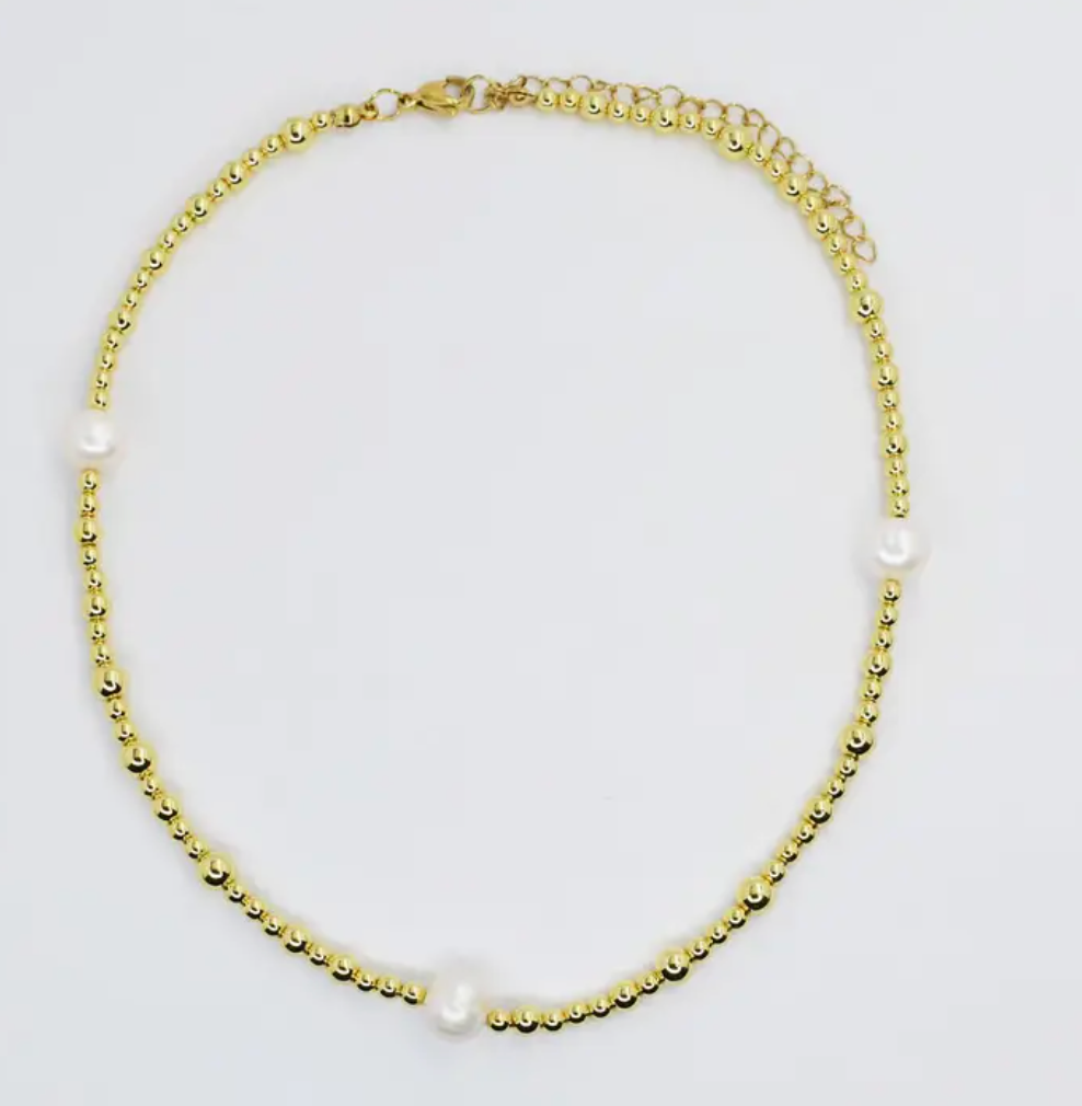 Gold Bead + Pearl Necklace