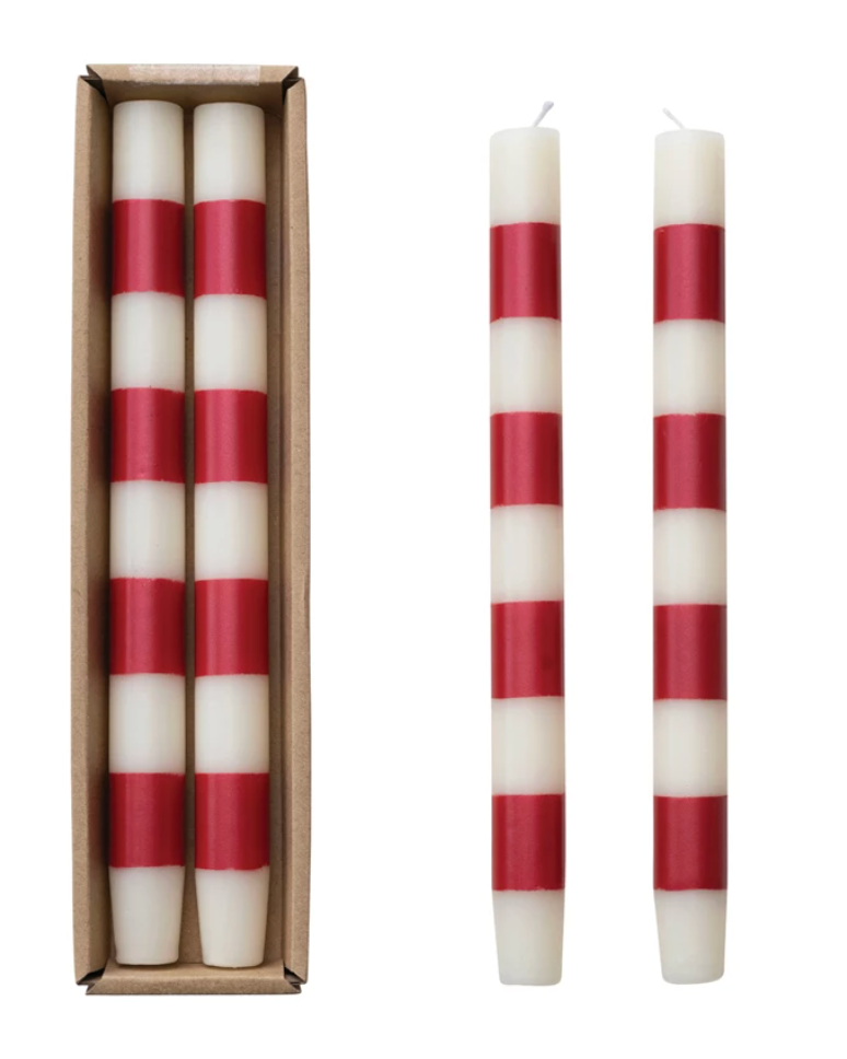 Red Stripe Taper Candle Set