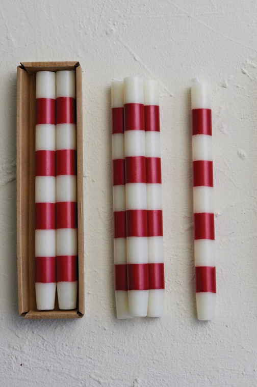 Red Stripe Taper Candle Set