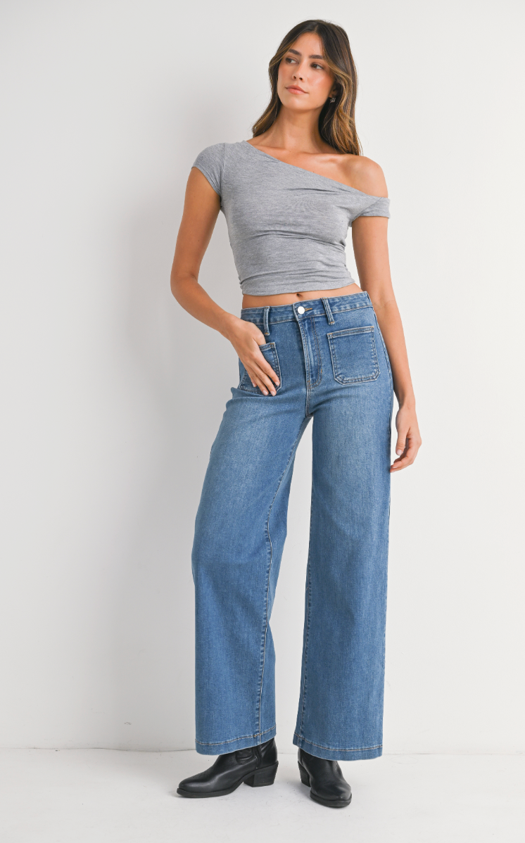 Mini Patch Pocket Wide Leg Jean (med denim)