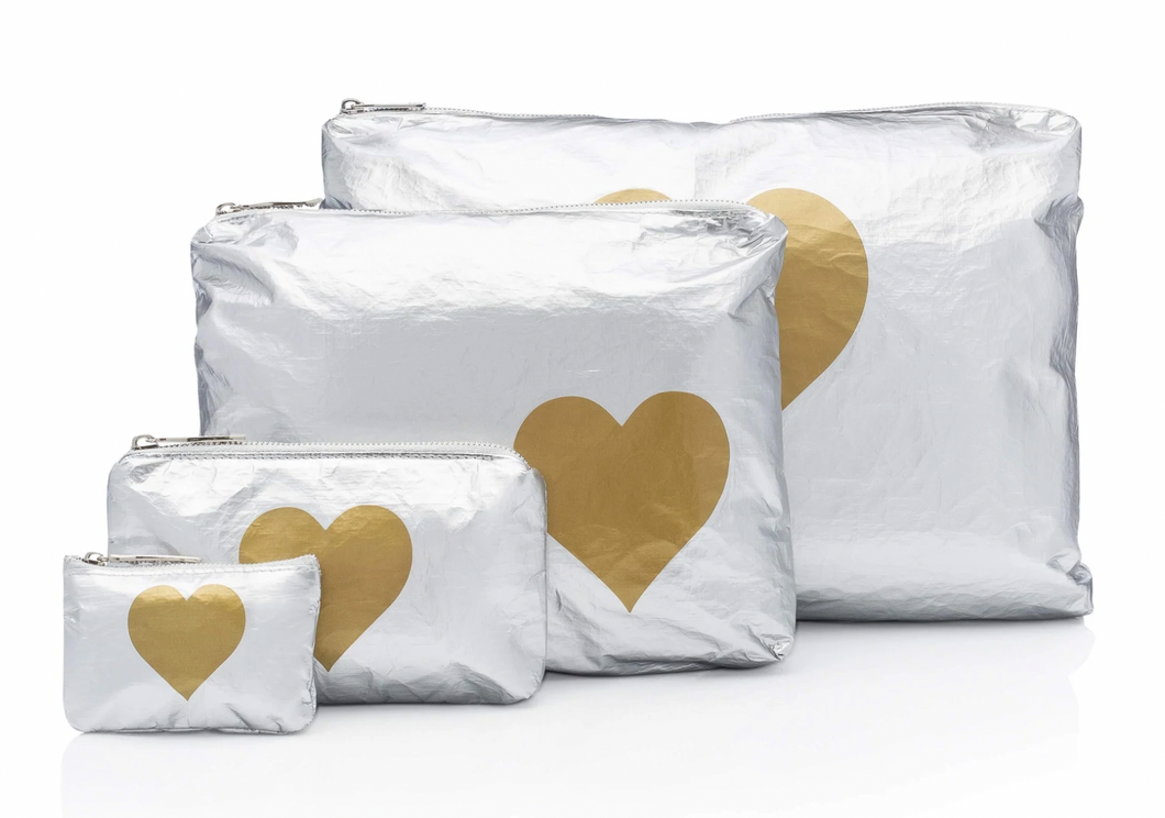 Set of Four Bags-Metallic Silver w/ Gold Hearts