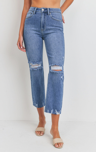 High Rise Crop Straight with Distress (med denim)