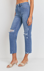 High Rise Crop Straight with Distress (med denim)