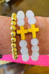 White Jade w/ Gold Cross Bracelet (womens)