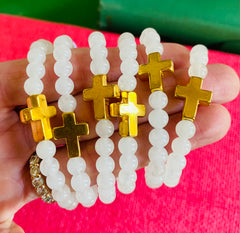 White Jade w/ Gold Cross Bracelets (kids)